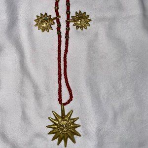 Red Bead and Brass Sun Necklace